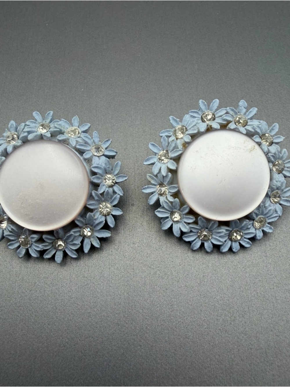 Blue Daisy Enamel Cluster Clip-On Earrings with Faux Pearl Center Japan Vintage